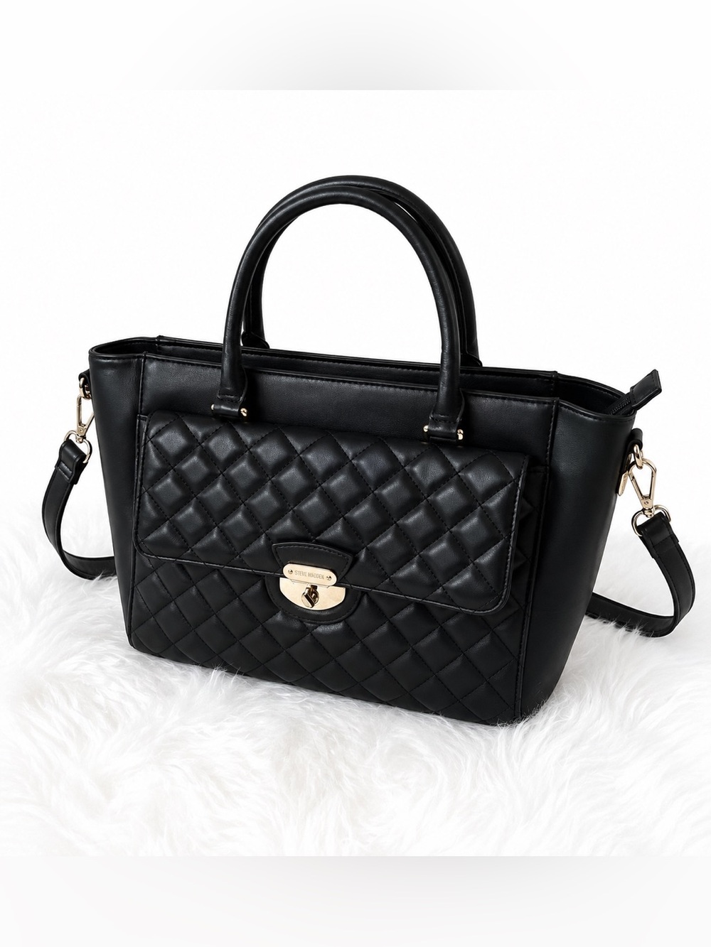Calvin Klein Quilted Satchel with Top Handles and Detachable Strap - Black